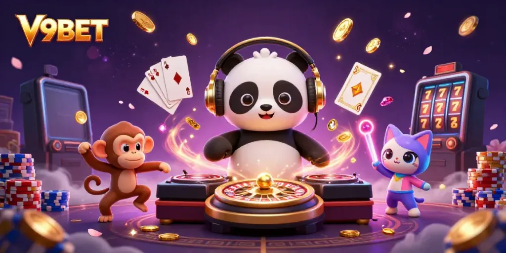 Experience vibrant gaming with V9BET featuring a DJ panda, breakdancing monkey, and rave kitten in a lively casino atmosphere.
