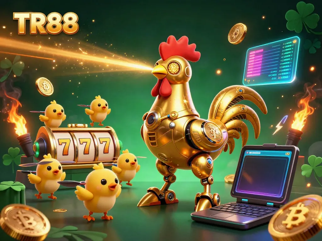 Experience TR88's exciting casino atmosphere with a robotic golden rooster and mini drones in a vibrant game scene.