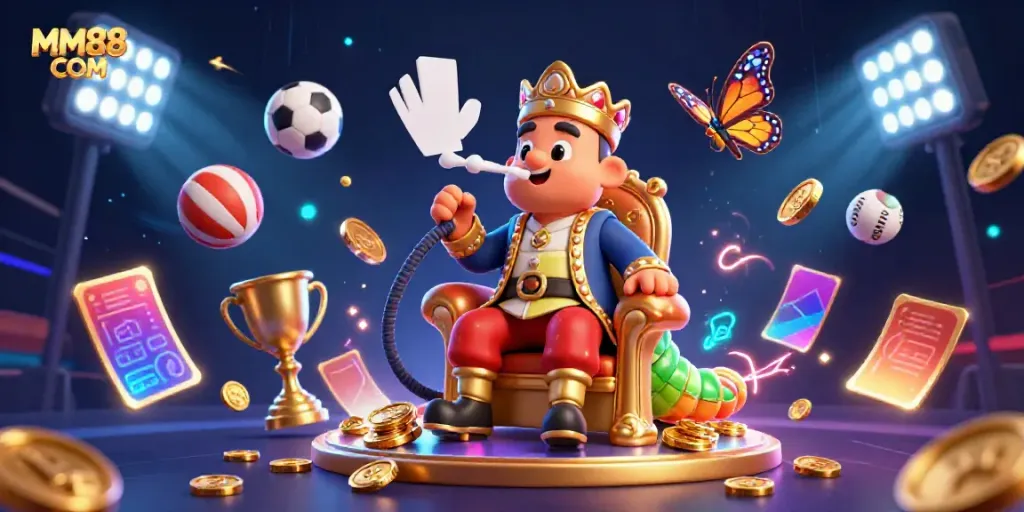 Engage with MM88 COM in a lively 3D casino scene featuring vibrant sports and gaming elements.