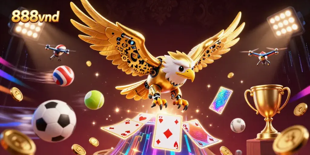 Experience thrilling gameplay with 888vnd's dynamic illustration featuring a golden eagle amidst sports elements.