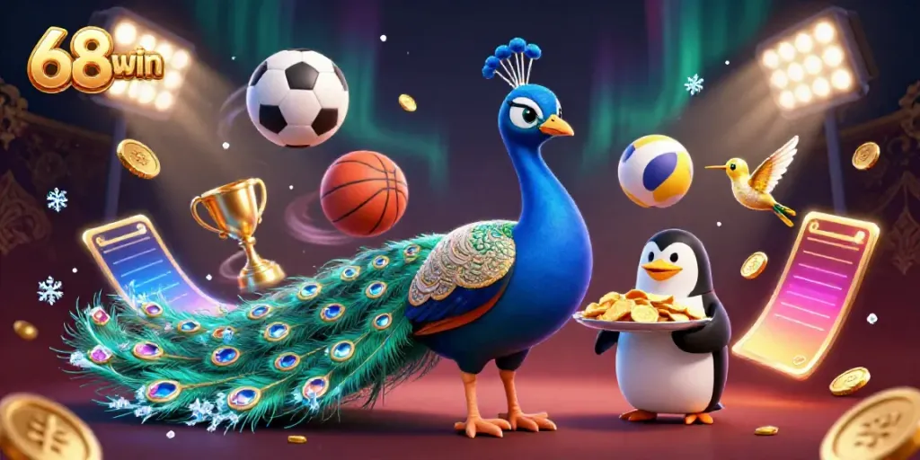 Explore the vibrant world of 68win with dynamic characters and gaming elements in a captivating 3D scene.