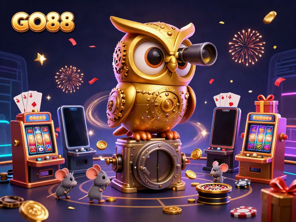 Experience the excitement of GO88 with a vibrant 3D casino scene featuring a golden owl, slot games, and festive fireworks.