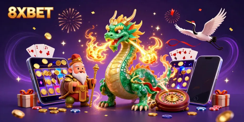 Engage in exciting gameplay at 8XBET with vibrant casino graphics and lively illustrations.