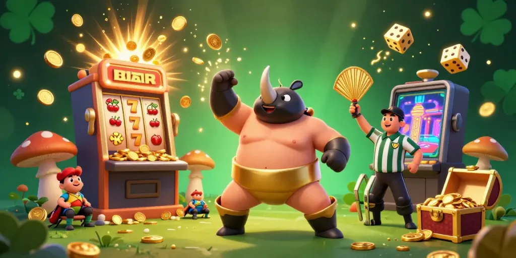 Experience the action at lv88 with a dynamic scene of a rhinoceros beetle sumo champion celebrating a jackpot in a 3D casino.