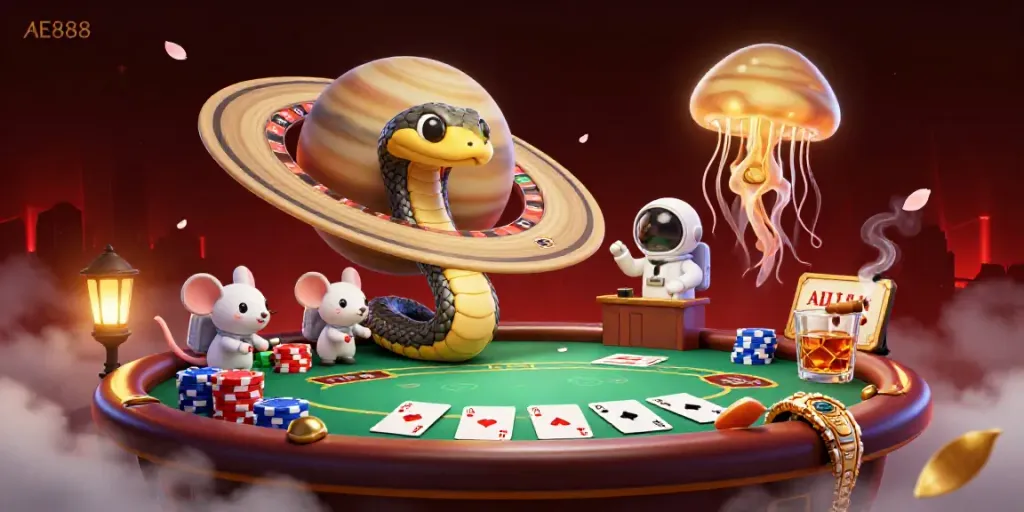 Engaging AE888 gaming scene featuring a Saturn ring snake as a roulette wheel with astronaut mice betting.