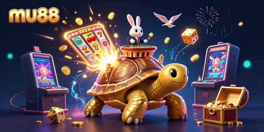Experience the exciting world of mu88 with a vibrant casino scene featuring a golden tortoise and a rabbit dealer.