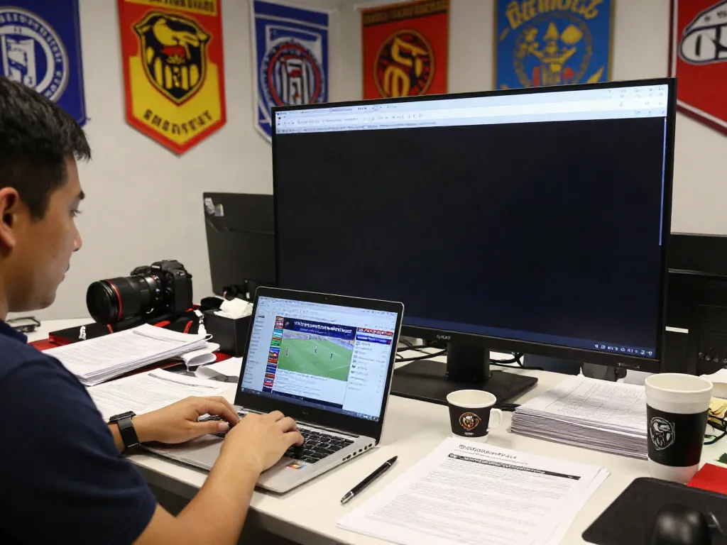 Football journalist covering ข่าวฟุตบอลไทย in a vibrant press room.
