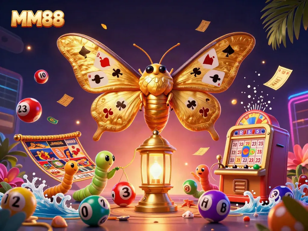 Experience casino fun with MM88, featuring a vibrant atlas moth and a lively gaming scene.