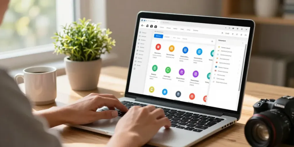 Organized 주소모음 platform workspace with colorful digital tools and ambient lighting.