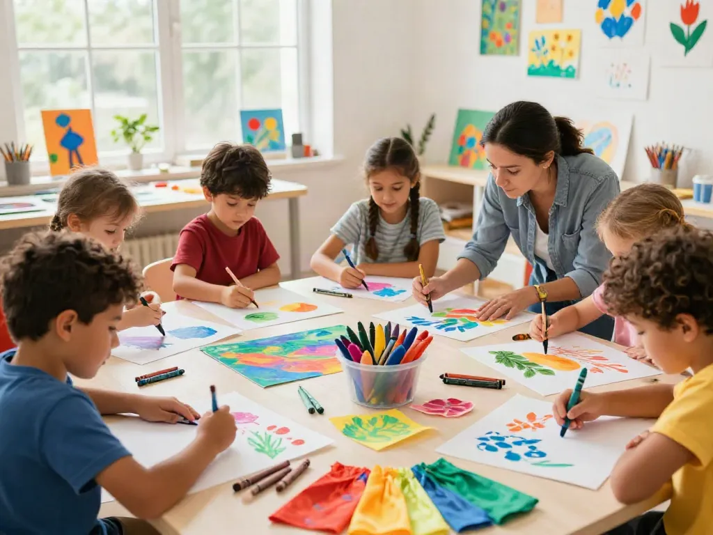 Engaged children creating colorful artwork with various crayon types from a crayon supplier in a bright art studio.