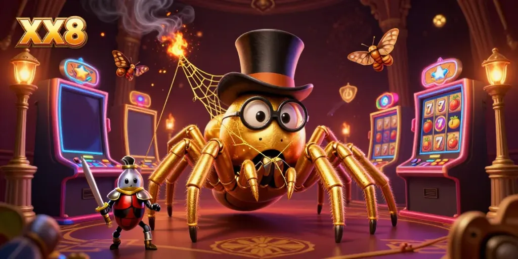 Spin and win at XX8 with vibrant slot machines and a whimsical 3D scene featuring animated characters.
