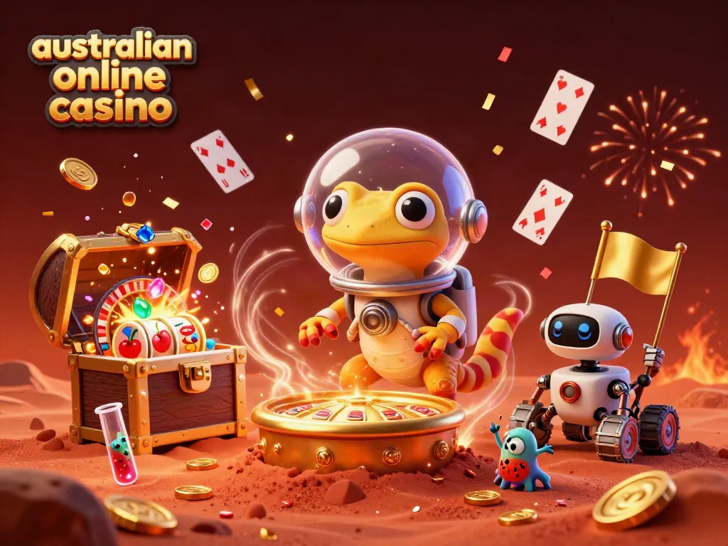 Martian gecko exploring a golden australian online casino amidst red Mars sand