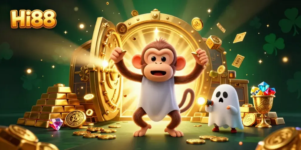 Engage with Hi88's thrilling world of gambling featuring a playful poltergeist monkey and a curious puppy.