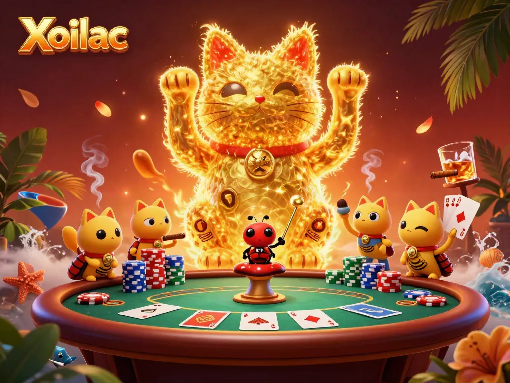 Xoilac reveals a vibrant scene with golden fireflies forming a lucky cat at a lively poker table.