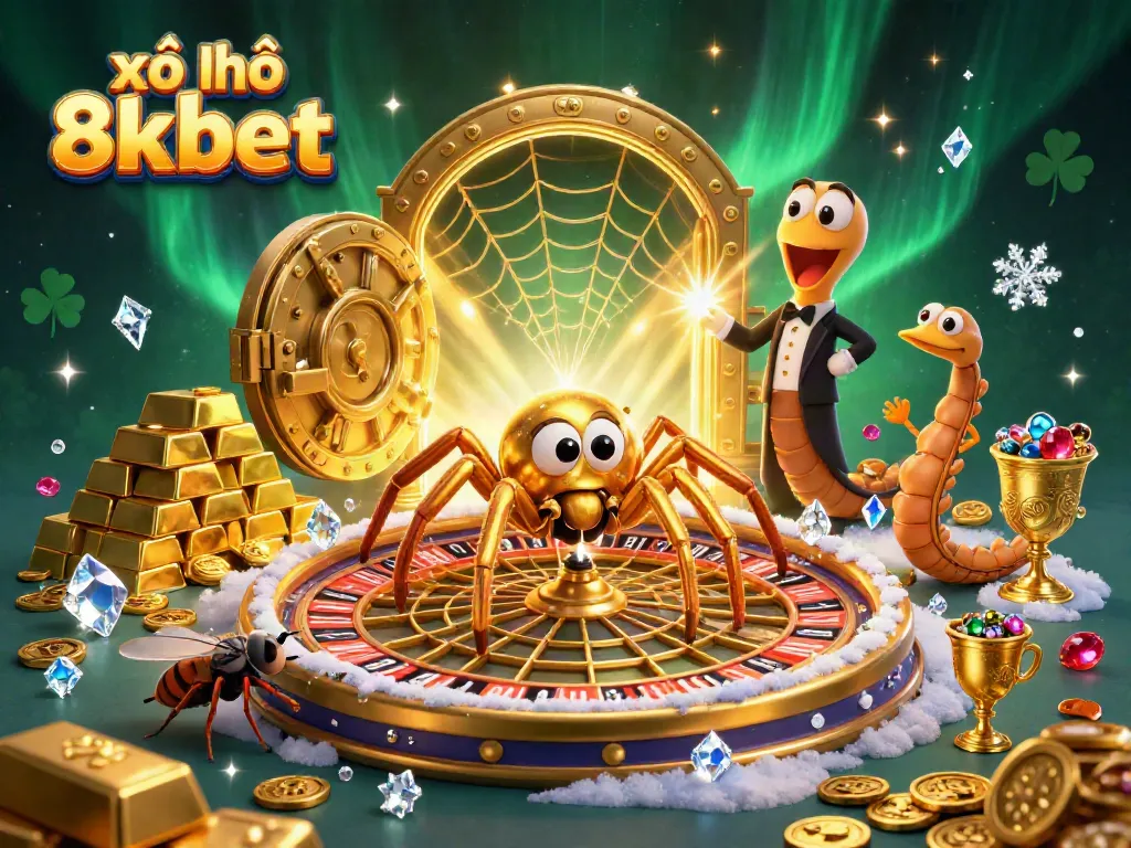 Experience the thrill of xổ số 8xbet with a dynamic 3D illustration featuring a golden spider and a centipede croupier.