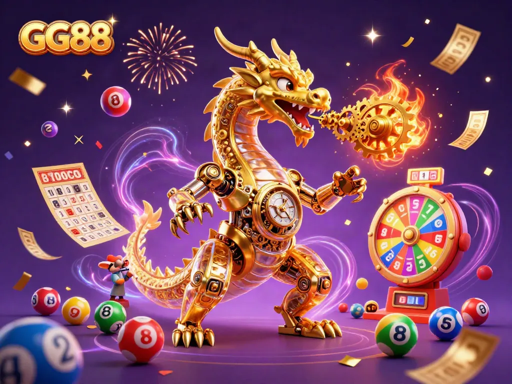Experience excitement with GG88 dragon and colorful lottery elements in a dynamic 3D illustration.