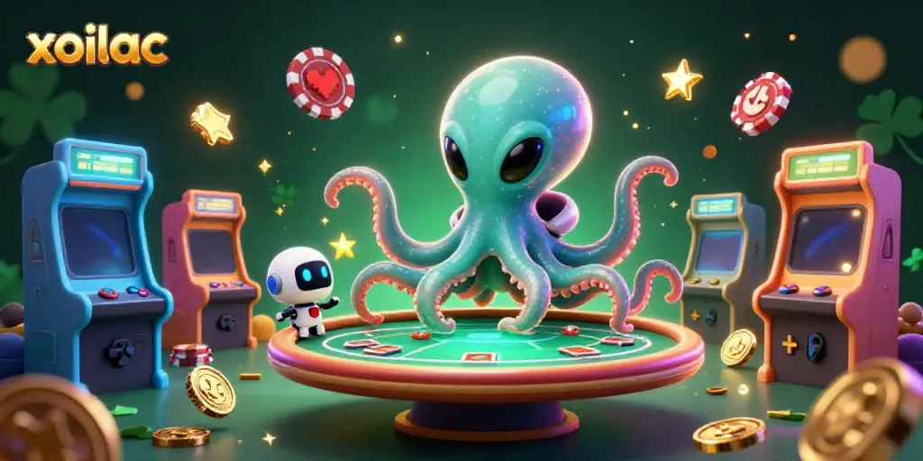 Xoilac offers thrilling poker action with an alien octopus at a holographic table amidst vibrant game elements.