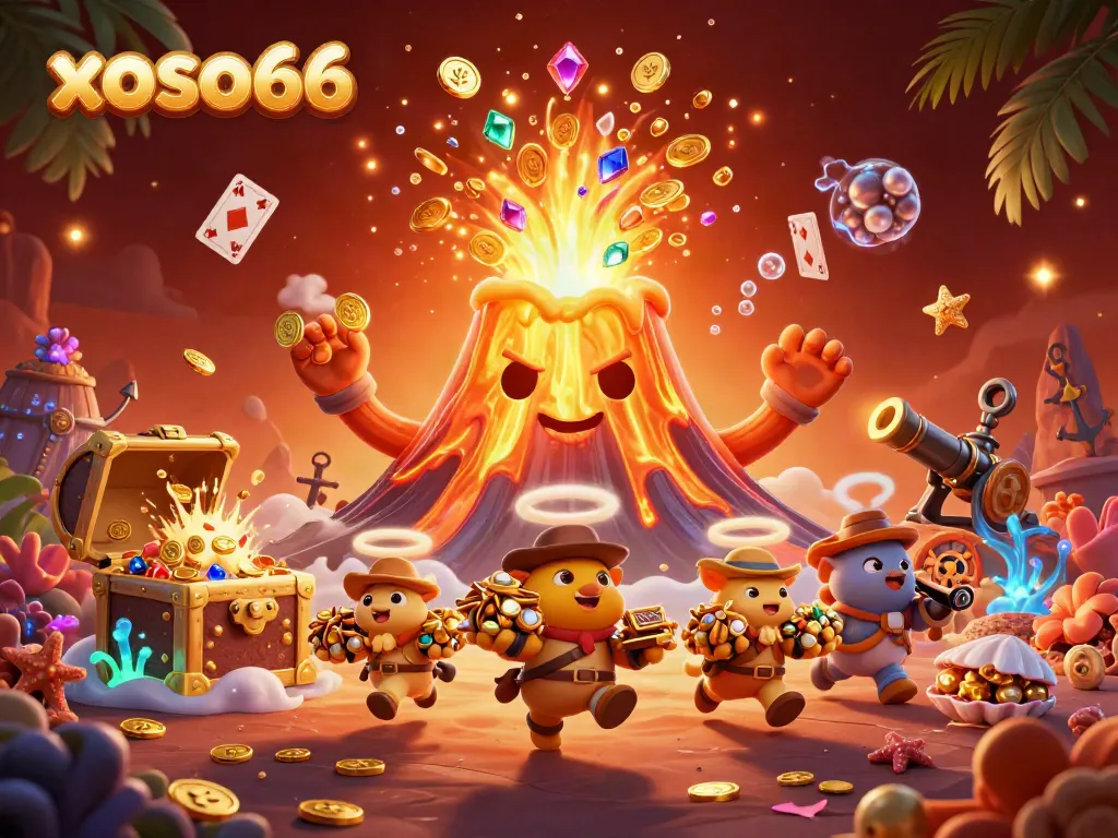 Win big with xoso66 as a golden volcano erupts treasure amidst vibrant gaming elements.