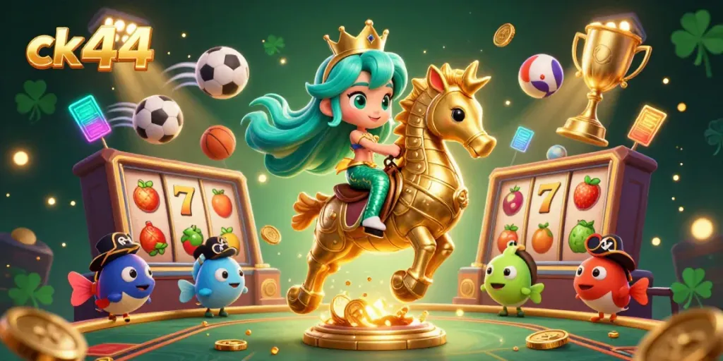 Experience exciting gaming action with ck44 in a vibrant 3D gambling scene featuring a mermaid, giant seahorse, and dynamic elements.