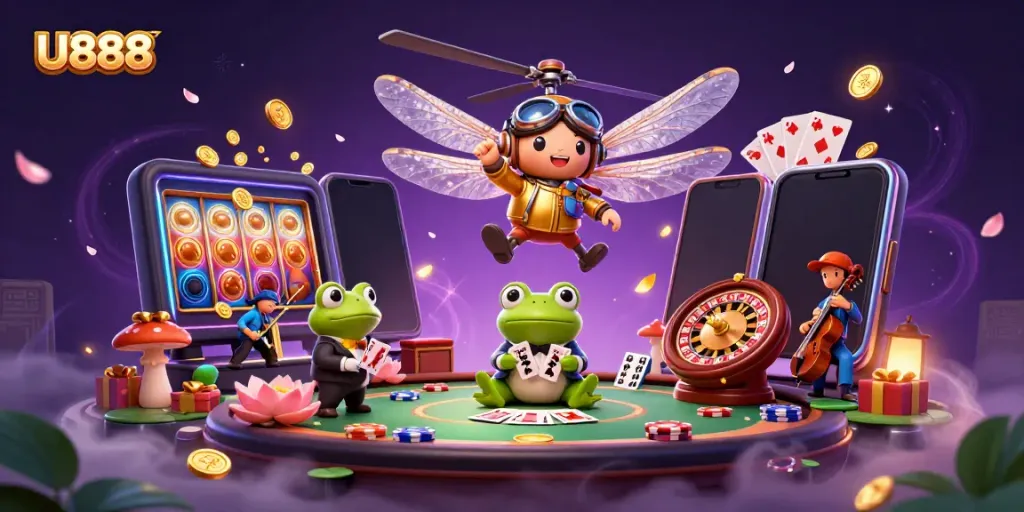 Experience thrilling U888 gaming with a vibrant scene of dragonfly pilot, frog dealer, and jazz musicians.