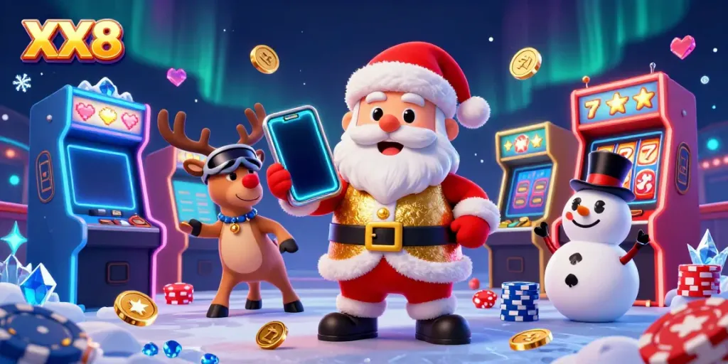 Engage in thrilling casino action with XX8, featuring a festive scene of Santa with a jackpot smartphone.