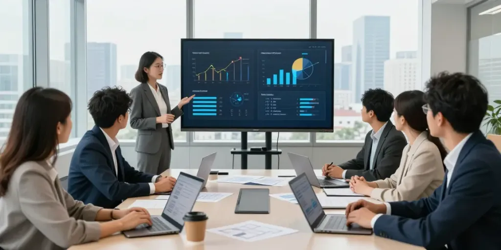 Collaborative business meeting with a diverse team discussing strategies here in a modern conference room.