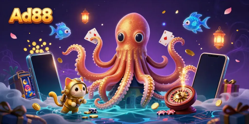 Experience thrilling games with Ad88 in this vibrant 3D casino illustration featuring a kraken and diving cat.