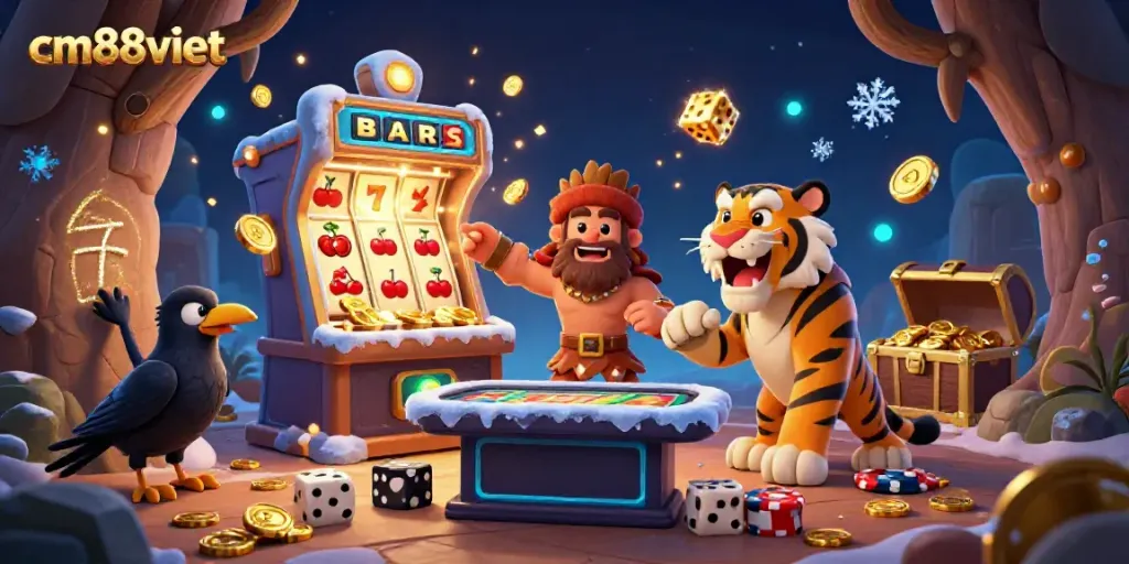 Experience online gaming at cm88viet with a lively 3D casino scene featuring a caveman, saber-tooth tiger, and crow amidst vibrant slot machines and gold coins.