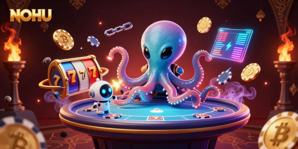 Engaging players in the NOHU casino scene with alien octopus and glowing slot machine elements.