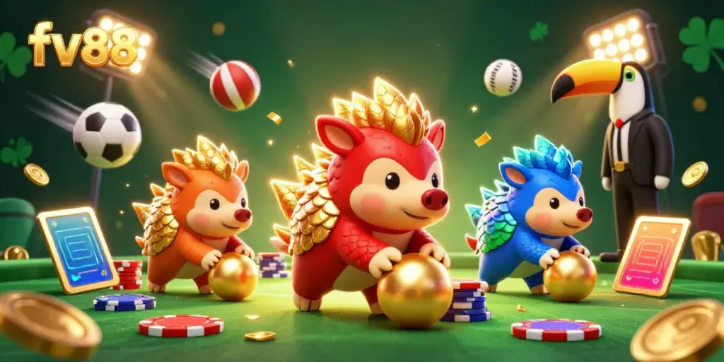 Experience thrilling gameplay with fv88 as rival pangolins roll through vibrant poker chips and sports elements.