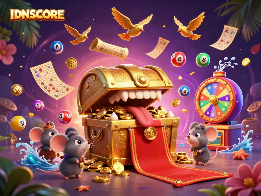 Engage with the thrilling IDNSCORE experience featuring vibrant lottery elements and a treasure chest.