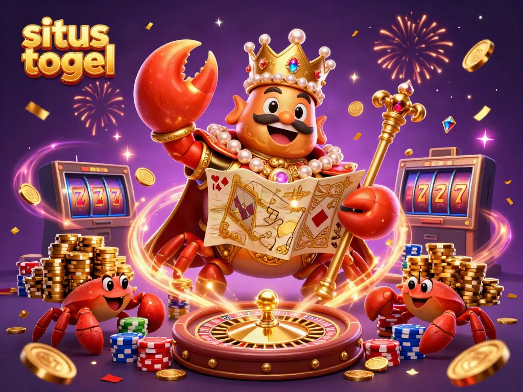 Experience the fun of situs togel in a vibrant 3D illustration with golden crab emperor and casino elements.