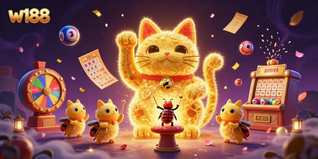 Experience the thrill of w188's casino offerings with a whimsical golden lucky cat surrounded by festive elements.