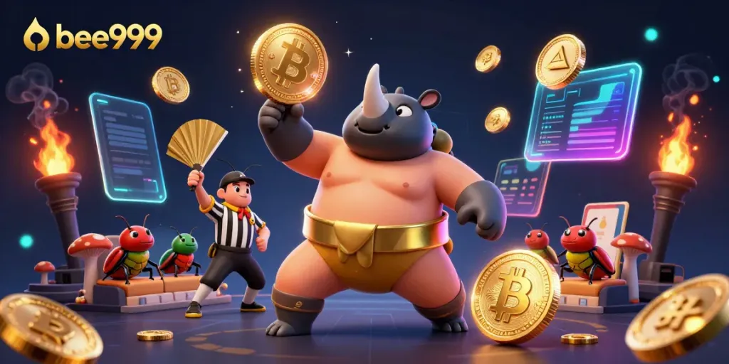Experience the thrilling action of bee999 with a sumo beetle champion surrounded by crypto elements!