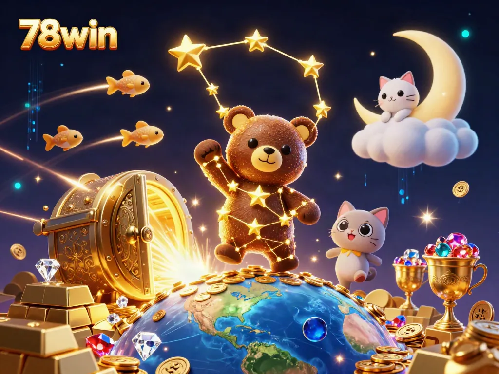 Experience winning thrills at 78win through this vibrant casino illustration featuring treasure and playfulness.