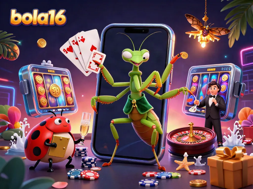 Bola16 interactive casino illustration featuring a giant mantis dealer and ladybug pit boss.