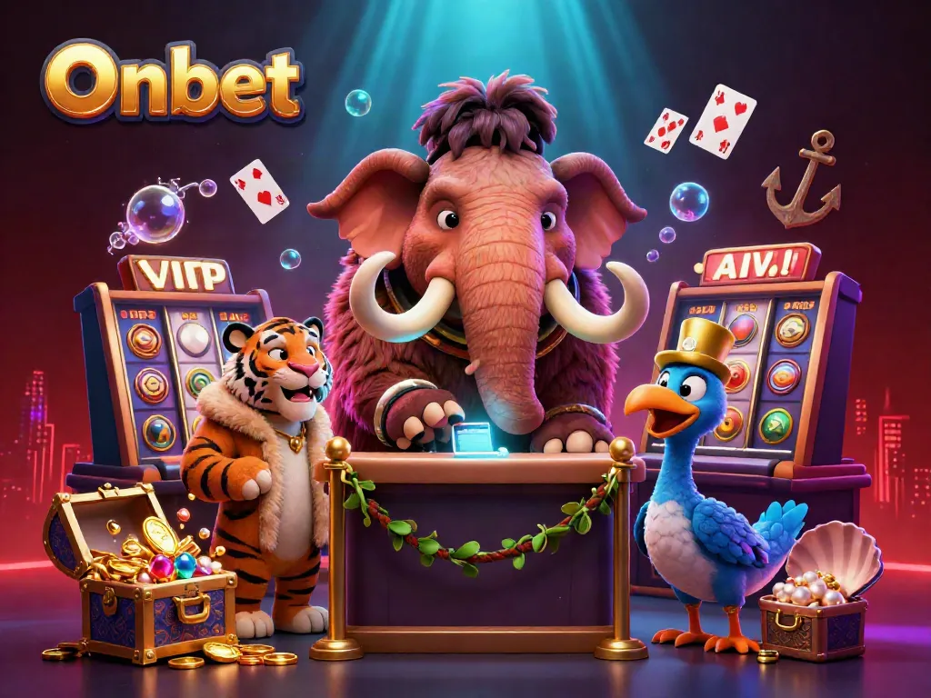 Experience thrilling gaming action at Onbet with vibrant cartoon characters and dazzling casino elements.