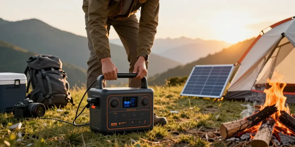 Setting up portable power station with a 12-volt battery during camping at sunset.