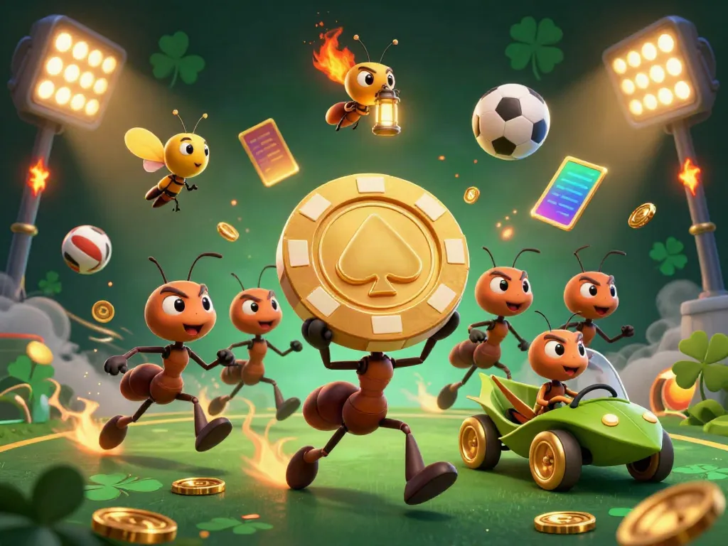 Nhatvip animated scene with ants carrying a huge poker chip during a daring heist