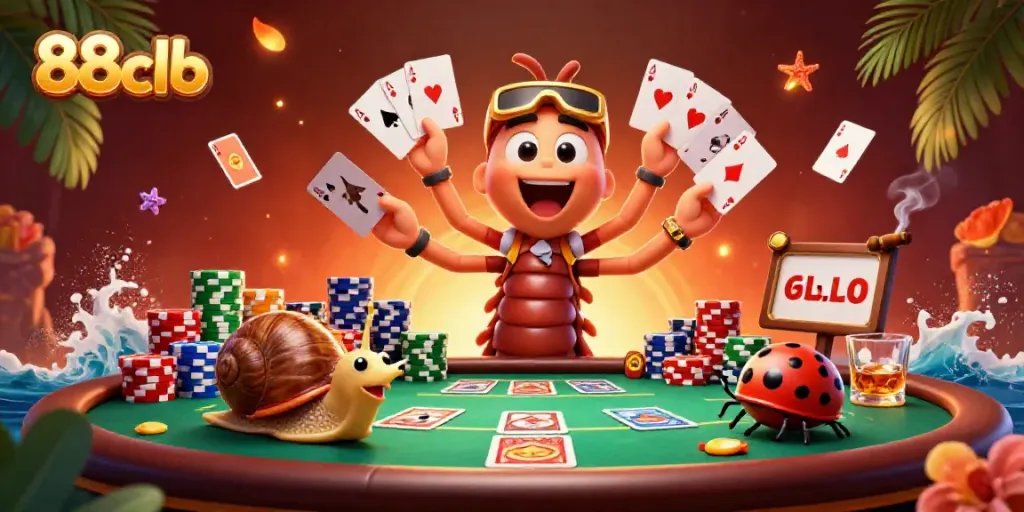 Engage in thrilling gameplay at 88clb with a vibrant casino scene featuring a lively dealer and high-rolling snail.