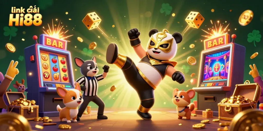 Experience the thrill of online gaming with the dynamic action of link vào Hi88, featuring vibrant casino elements and energetic characters.