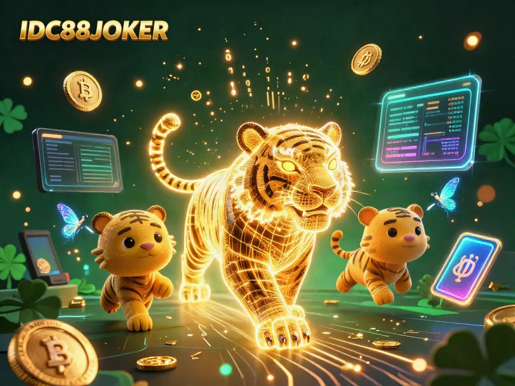 Experience the thrilling world of IDC88JOKER with glowing coins and a vibrant digital landscape.