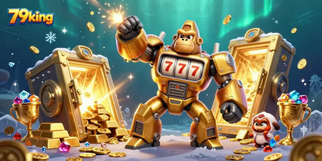 Experience the thrill of winning at 79king with a futuristic golden mech in a vibrant casino scene.