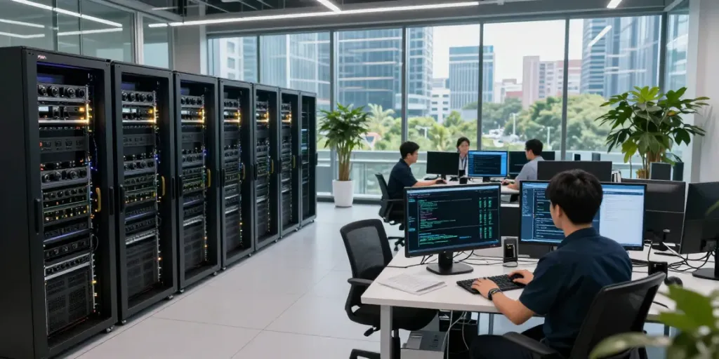 AI data center featuring advanced GPU servers and engineers collaborating on AI algorithms.