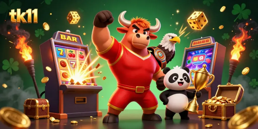 Engage in exciting casino adventures with tk11 as a victorious bull mascot, eagle, and panda celebrate riches.