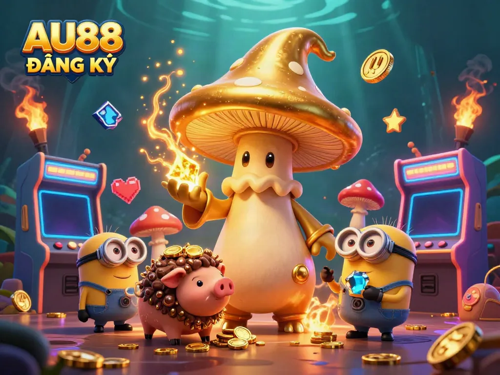 Experience thrilling AU88 ĐĂNG KÝ magic with a golden mushroom wizard and treasure-seeking pig in a vibrant casino scene.