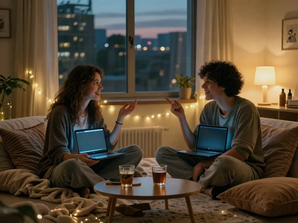 Engaging ai sex chat session in a cozy, intimate setting with warm lighting.
