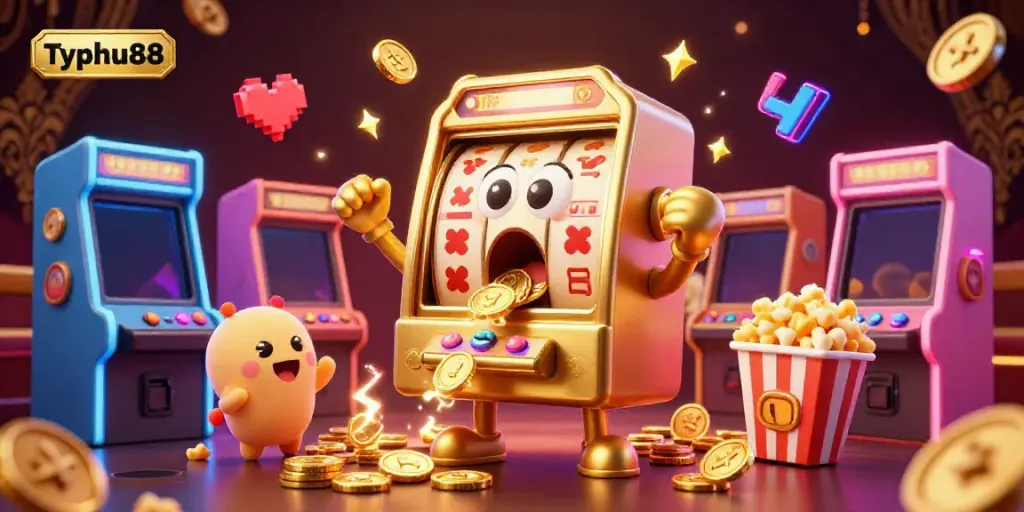 Watch Typhu88's golden slot machine hit a jackpot amidst a vibrant casino setting.