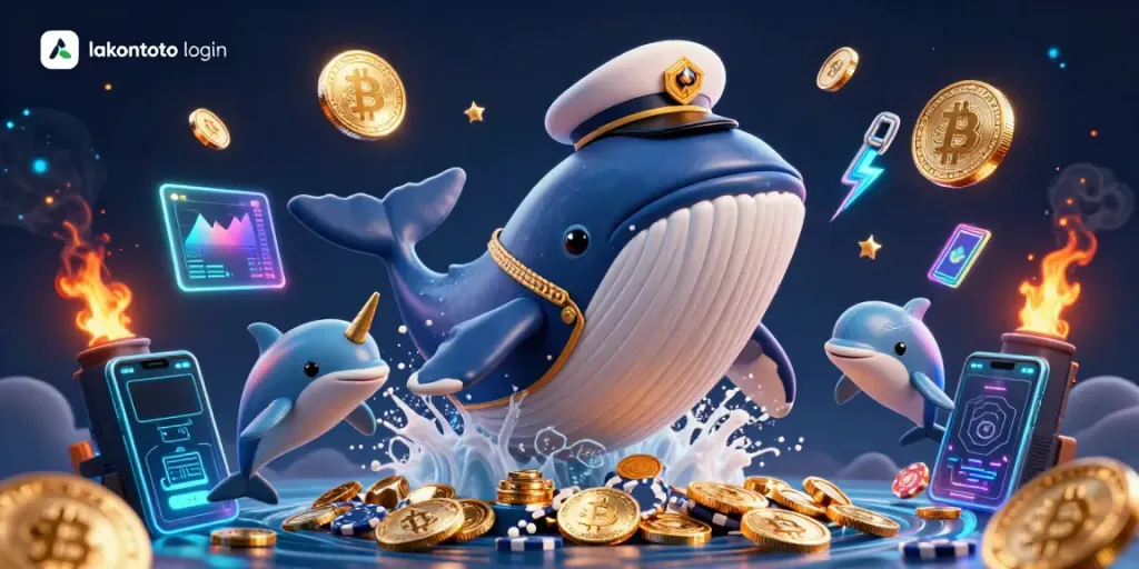 Visualisasi ilustrasi kapal laut raksasa berupa paus dengan seragam kapten, menampilkan logo 'lakontoto login' dalam konteks kasino.