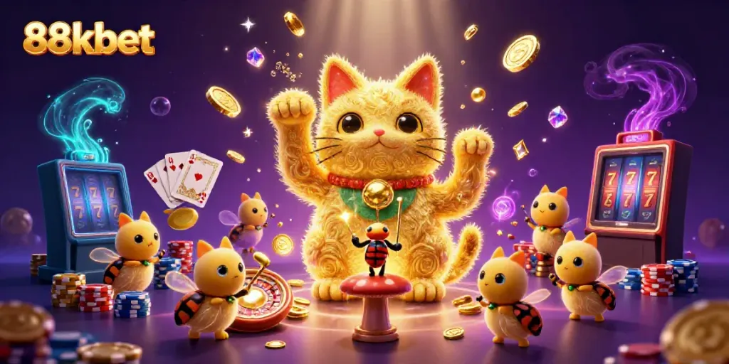 Engage in lively 88kbet casino gaming with vibrant symbols, shimmering coins, and colorful characters.